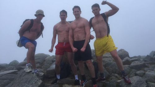 In April the mates did a practice run, climbing Australia's highest peak in shorts. (Kossie in Cossies)