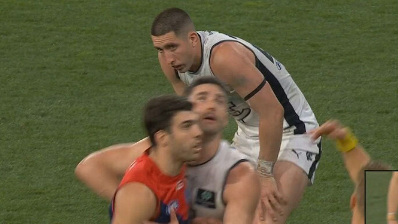 Carlton defender Jacob Weitering looked to be concussed shortly after copping an elbow to the head