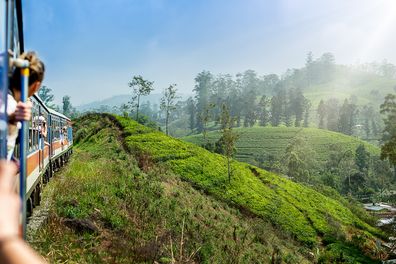 Young woman enjoying train ride from Ella to Kandy among tea plantations in the highlands of Sri Lanka