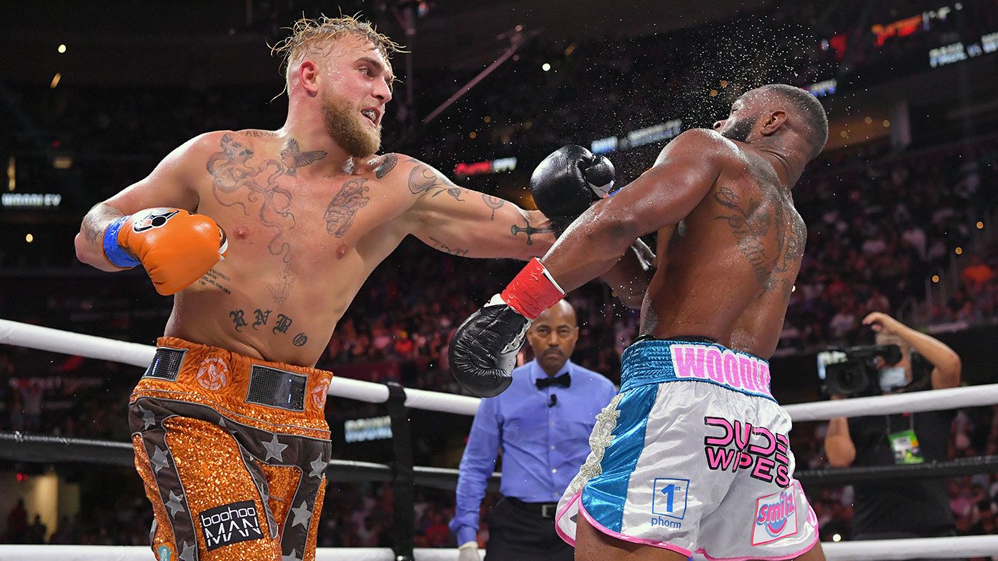 Jake Paul fights Tyron Woodley in their cruiserweight bout during a Showtime pay-per-view event at Rocket Morgage Fieldhouse on August 29, 2021 in Cleveland, Ohio. (Photo by Jason Miller/Getty Images)