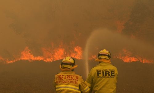 Firefighters work to contain a bushfire along Old Bar road in Old Bar, NSW, Saturday, November 9, 2019. 