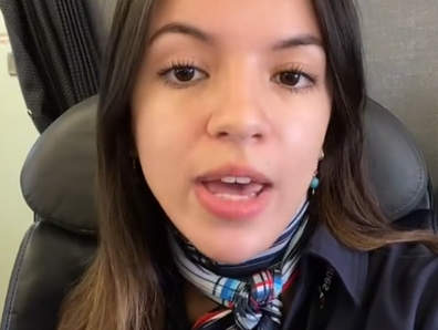 American Eagle flight attendant Serenity Poole sharing her 'fun fact' flight tips on TikTok.