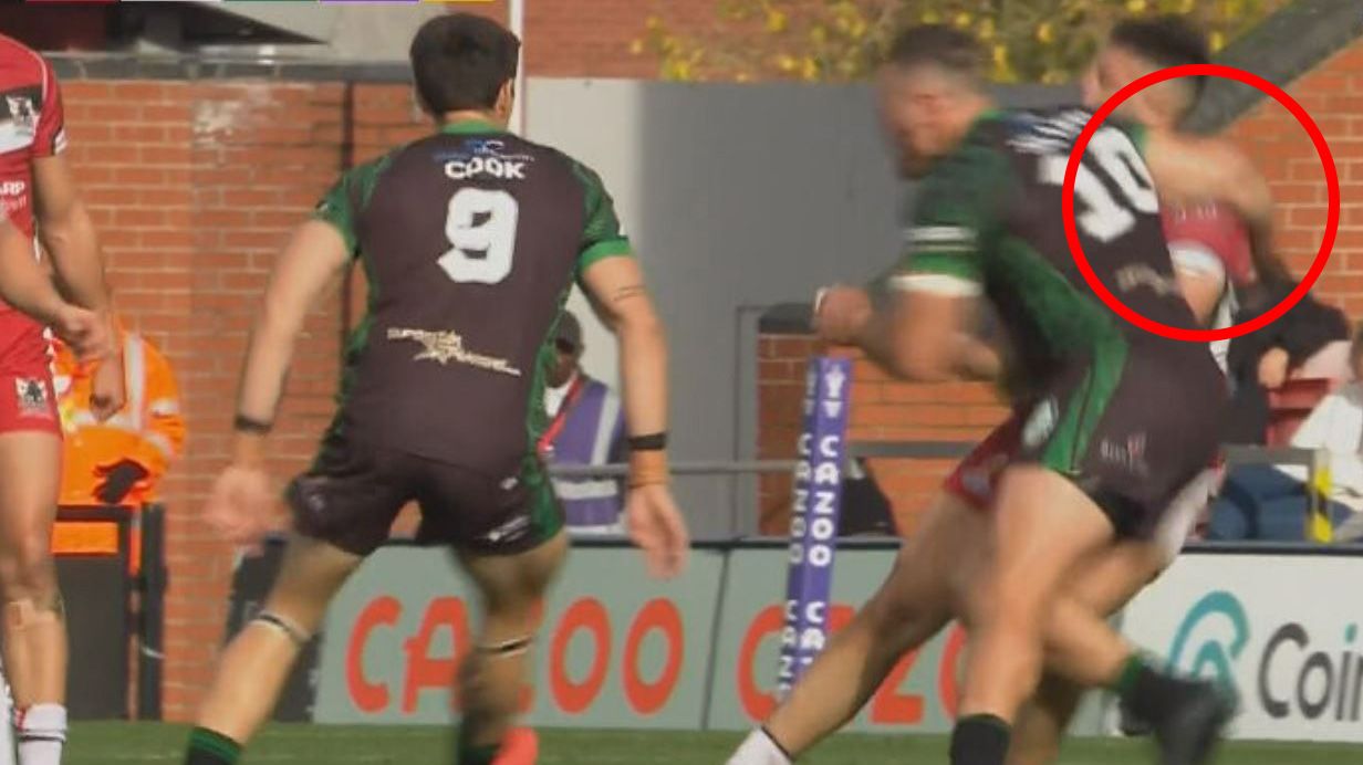 Kayne Kalache took no further part in the Rugby League World Cup match between Lebanon and Ireland after this high shot from Titans and Irish forward Jaimin Jollife.