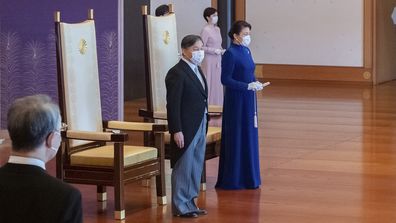 Japanese Emperor Naruhito, left, and Empress Masako, right, meet Japans Prime Minister Fumio Kishida and other lawmakers during the Emperor&#x27;s Birthday celebration ceremony at the Imperial Palace in Tokyo, on Wednesday Feb. 23, 2022.
