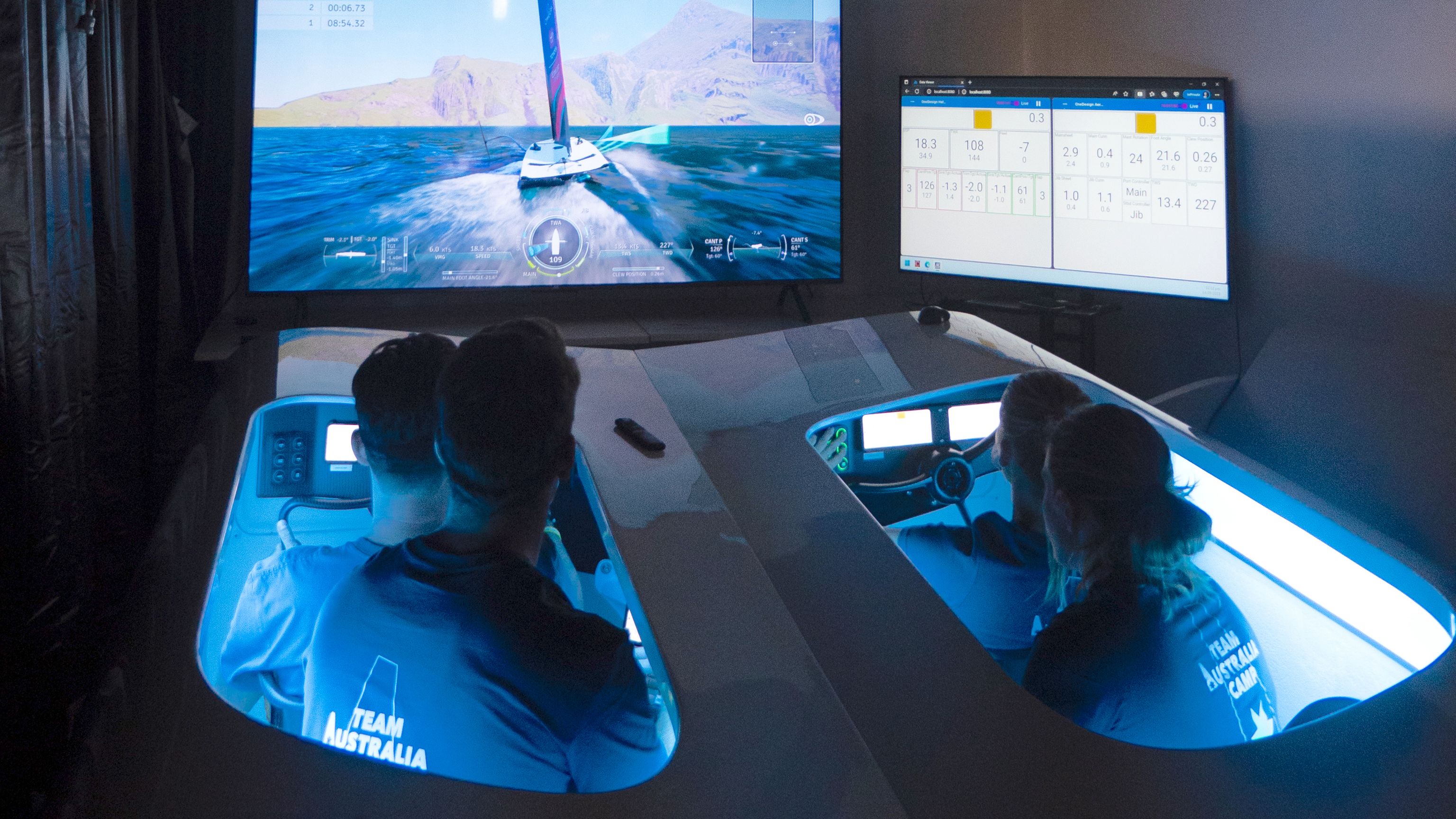 Members of Team Australia train in the AC40 foiling yacht simulator.