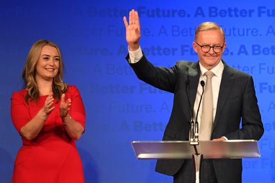 Labor Leader Anthony Albanese delivers his victory speech alongside his partner Jodie Haydon during the Labor Party election night event at Canterbury-Hurlstone Park RSL Club on May 21, 2022 in Sydney, Australia 