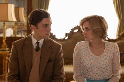 Jack Farthing as Prince Charles (left) and Kristen Stewart as Princess Diana (right) in the movie Spencer