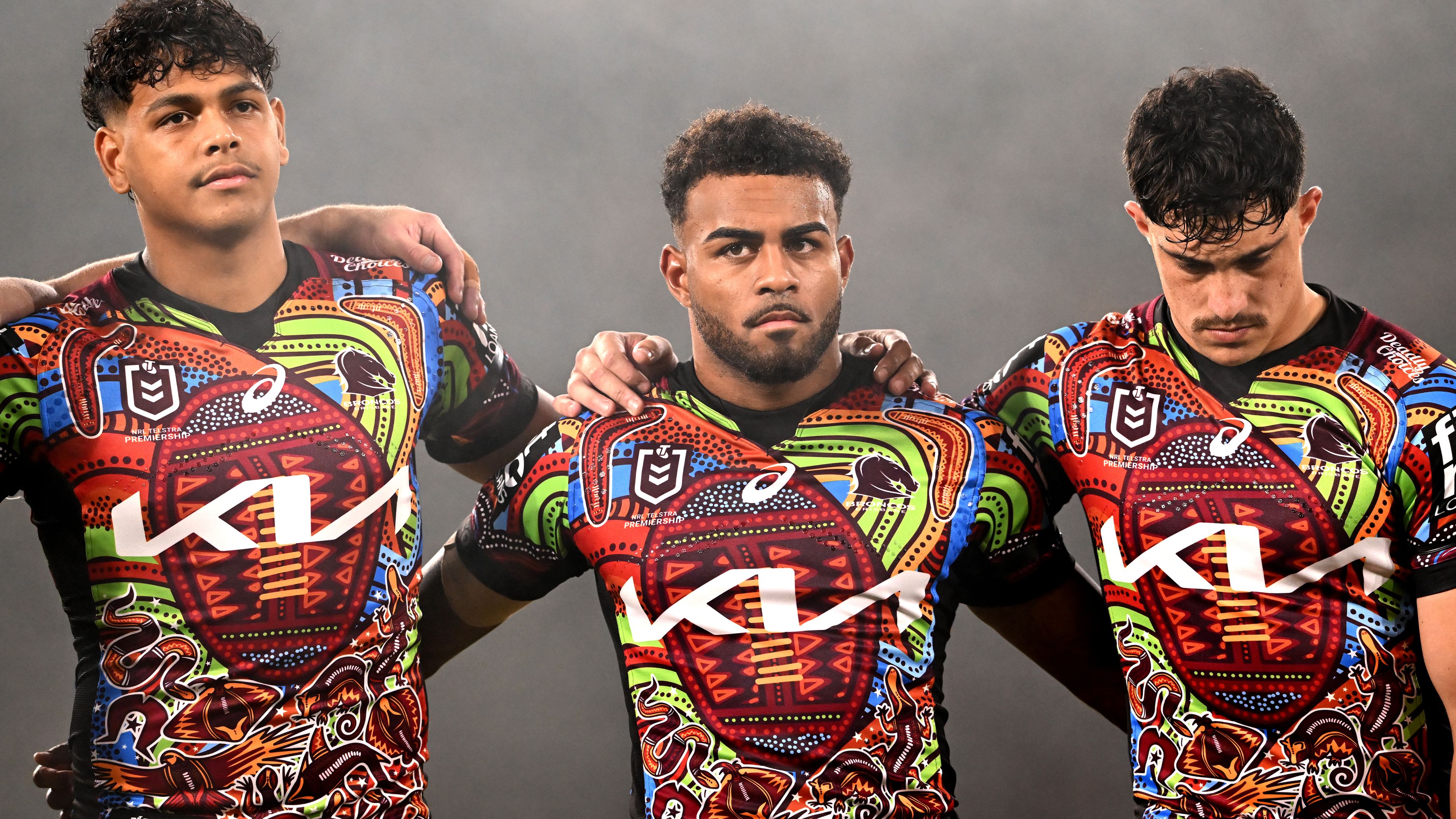 Selwyn Cobbo, Ezra Mam and Kotoni Staggs of the Broncos.