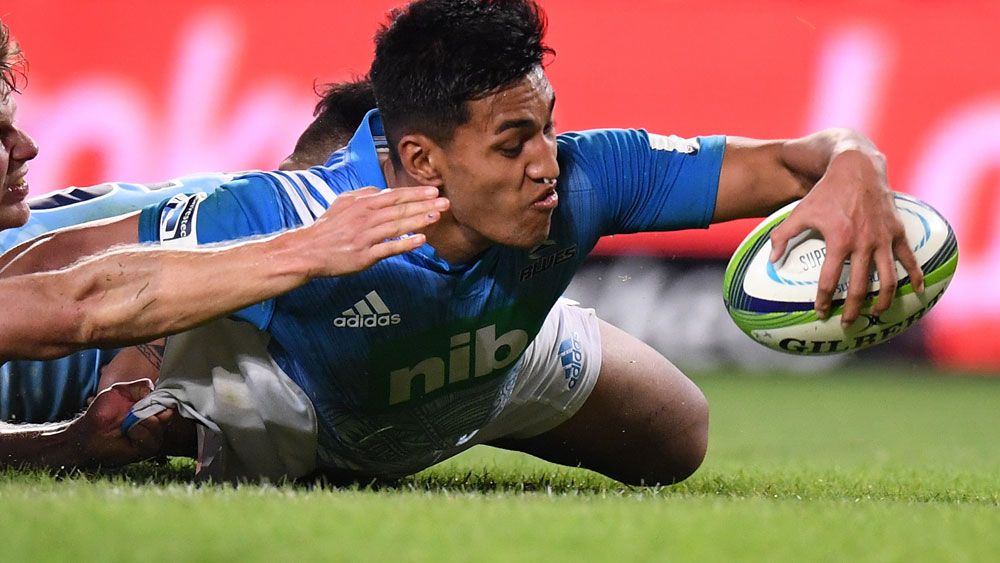 Rieko Ioane scores a try for the Blue during their Super Rugby win over the Waratahs. (AAP) 