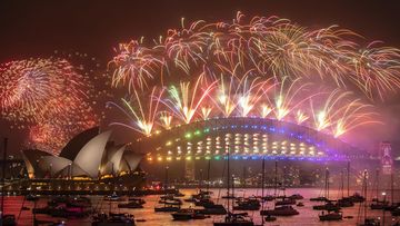 Sydney NYE 2019. The midnight New Year&#x27;s Eve fireworks on Sydney Harbour, viewed from Mrs Macquarie&#x27;s Chair. 1st January 2020