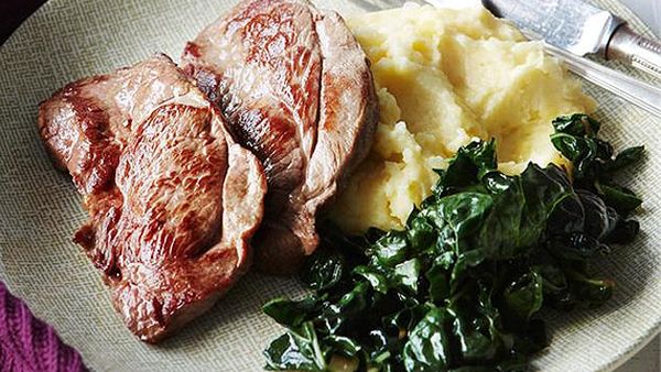 Lamb steaks with cheesy mashed potatoes and silverbeet