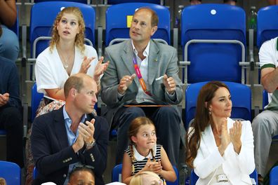 Prince Edward, Earl of Wessex, Prince William, Duke of Cambridge, Princess Charlotte and Catherine, Duchess of Cambridge watch the action on day five of the Birmingham 2022 Commonwealth Games at Sandwell Aquatics Centre on August 02, 2022 in Smethwick, England 