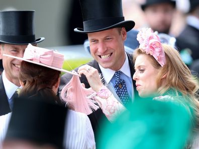 Sophie, Duchess of Edinburgh, Prince Edward, Duke of Edinburgh, Prince William, Prince of Wales and Princess Beatrice of York laugh as they attend day two of Royal Ascot 2024