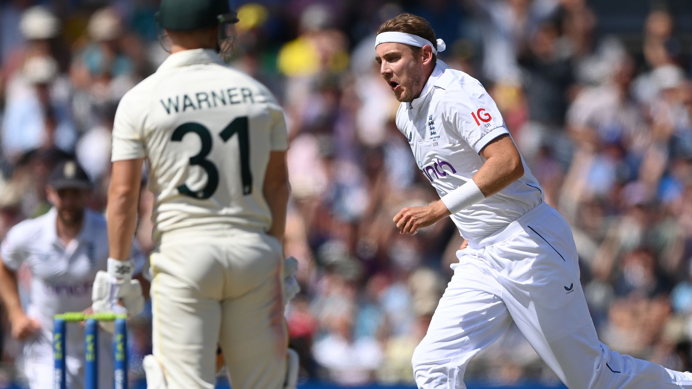 Stuart Broad celebrates dismissing David Warner of during day two of the third Test between England and Australia at Headingley.