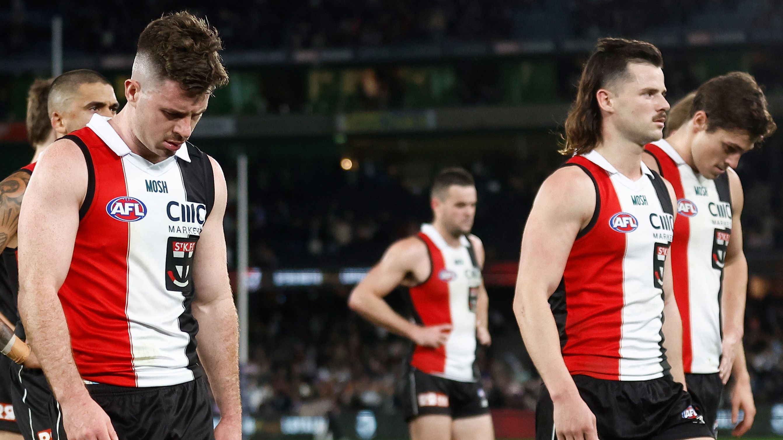 MELBOURNE, AUSTRALIA - AUGUST 6: Jack Higgins of the Saints looks dejected after a loss during the 2023 AFL Round 21 match between the St Kilda Saints and the Carlton Blues at Marvel Stadium on August 6, 2023 in Melbourne, Australia. (Photo by Michael Willson/AFL Photos via Getty Images)