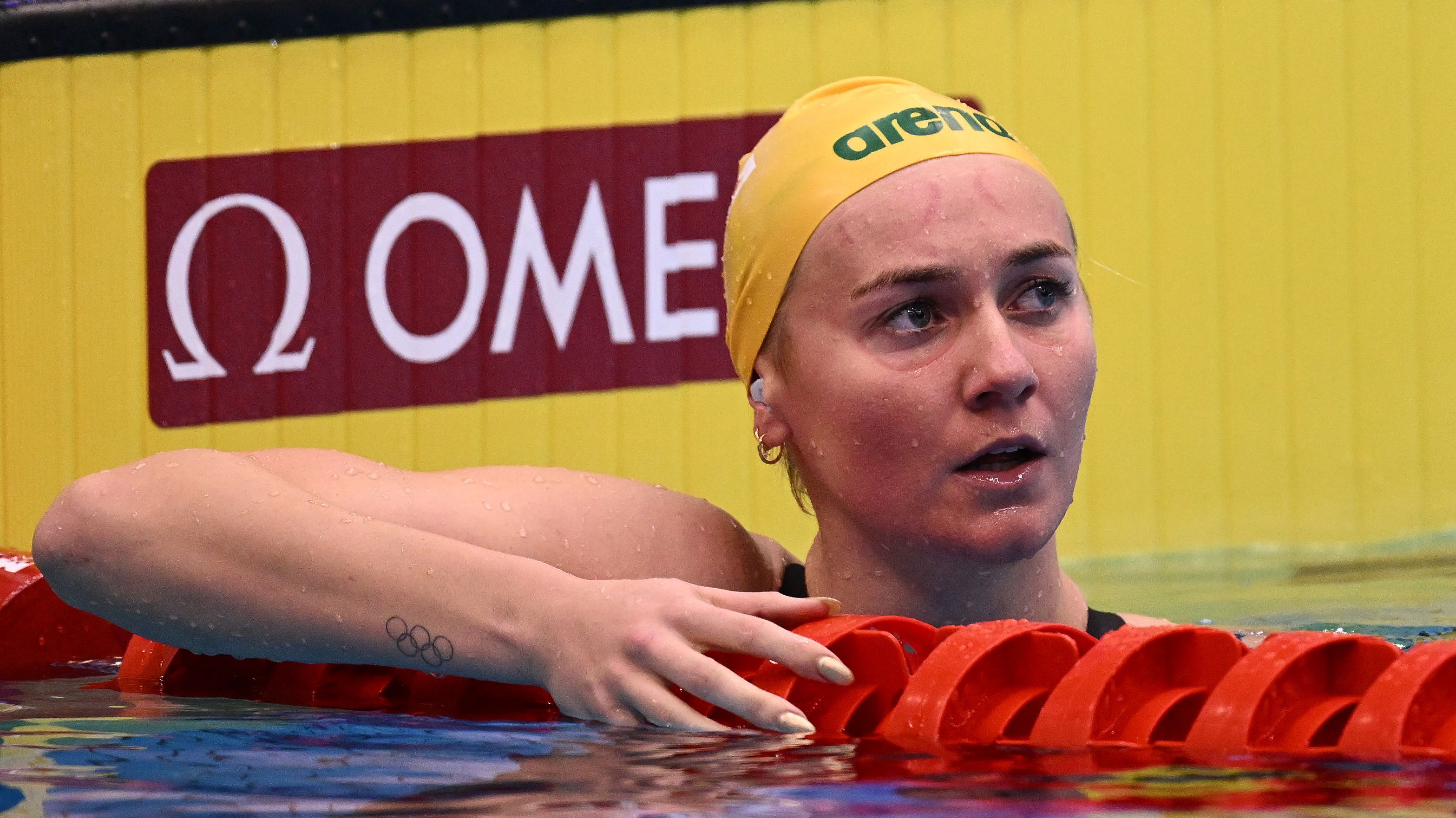 Ariarne Titmus of Team Australia reacts in the Women&#x27;s 200m Freestyle Heats on day three of the Fukuoka 2023 World Aquatics Championships.