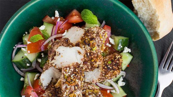 Dukkah chicken with hummus and feta salad. Image: My Food Bag