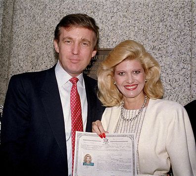FILE - Donald Trump and then-wife, Ivana Trump, pose outside the Federal Courthouse in New York, after she was sworn in as a United States citizen, in May 1988. Ivana Trump, the first wife of Trump, has died in New York City, the former president announced on social media Thursday, July 14, 2022. (AP Photo/File)