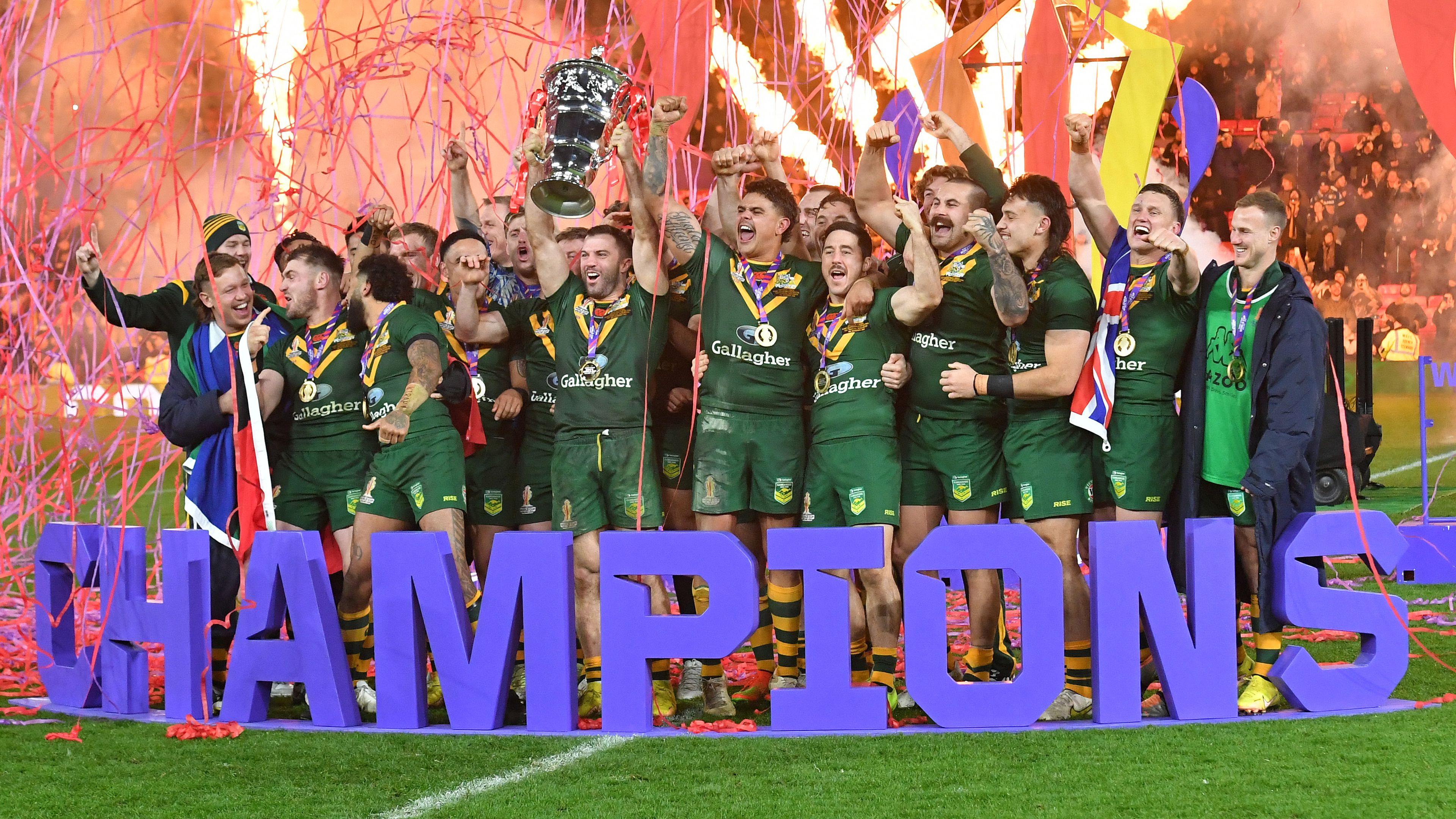 Australia retain their World Champions status the Rugby League World Cup Final match between Australia and Samoa at Old Trafford on November 19, 2022 in Manchester, England. (Photo by Dave Howarth - CameraSport via Getty Images)