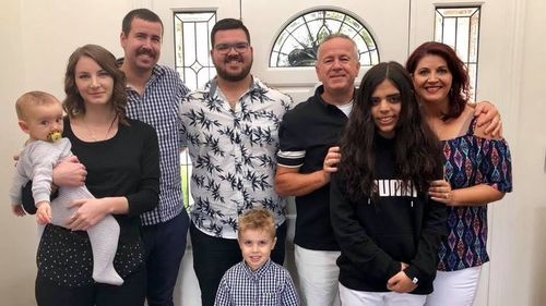 The entire family - (L to R) Baby Arthur, Mikayla, Alex, Harrison, Roman, Russ, Portia, and Shar in Gipssland for Christmas last year. Picture: Supplied