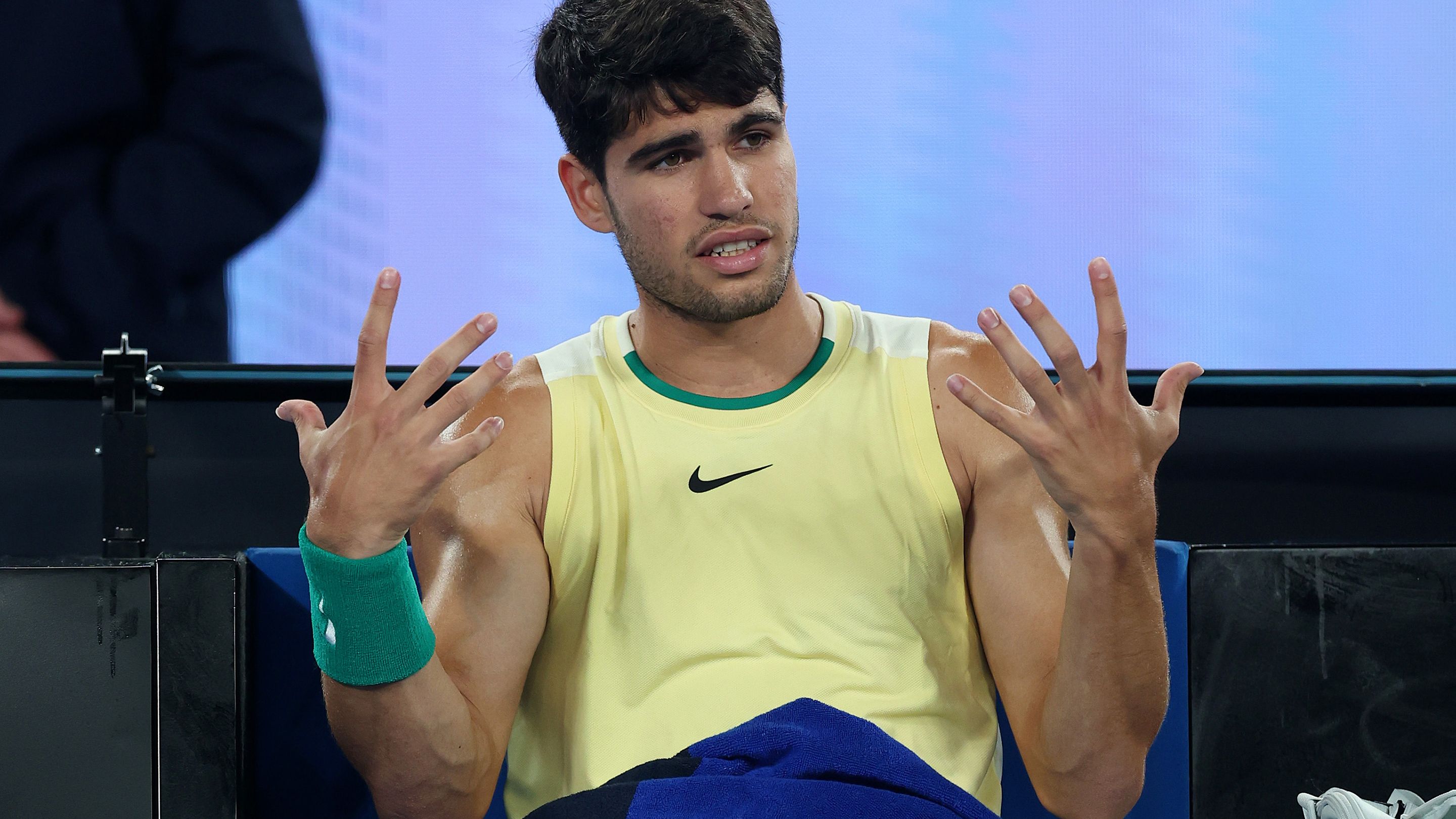 Carlos Alcaraz of Spain reacts to his player&#x27;s box during their quarterfinals singles match against Alexander Zverev of Germany during the 2024 Australian Open.