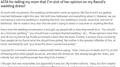 Wedding dress conflict: Groom sick of his mother complaining about fiancée’s wedding dress