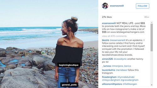 She said this beach shot was 'NOT REAL LIFE - paid $$$ to promote both the jeans and top. ' (Instagram)