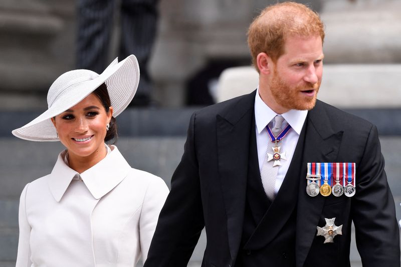 LONDON, ENGLAND - JUNE 03:   Prince Harry, Duke of Sussex, and Meghan, Duchess of Sussex after attending the National Service of Thanksgiving at St Paul&#x27;s Cathedral during the Queen&#x27;s Platinum Jubilee celebrations on June 3, 2022 in London, England. The Platinum Jubilee of Elizabeth II is being celebrated from June 2 to June 5, 2022, in the UK and Commonwealth to mark the 70th anniversary of the accession of Queen Elizabeth II on 6 February 1952. (Photo by Toby Melville - WPA Pool/Getty Images)