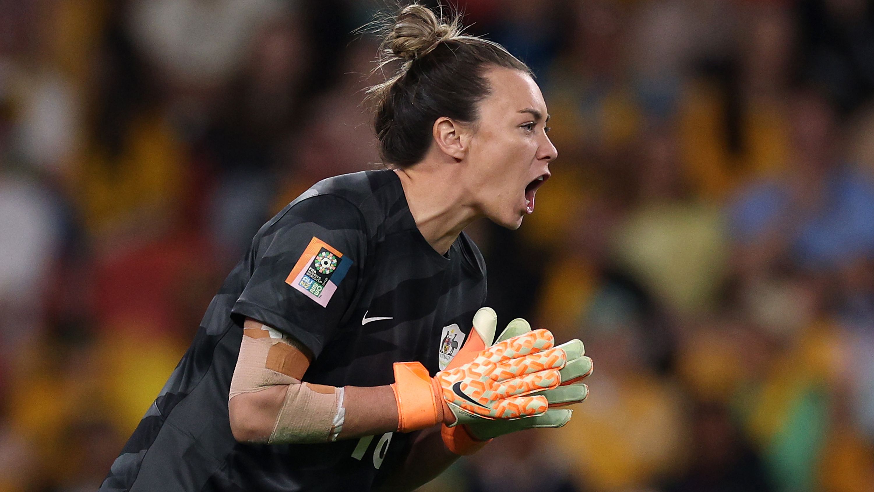 Mackenzie Arnold of Australia encourages her teammates during the FIFA Women&#x27;s World Cup Australia &amp; New Zealand 2023 Quarter Final match between Australia and France at Brisbane Stadium on August 12, 2023 in Brisbane / Meaanjin, Australia. (Photo by Elsa - FIFA/FIFA via Getty Images)