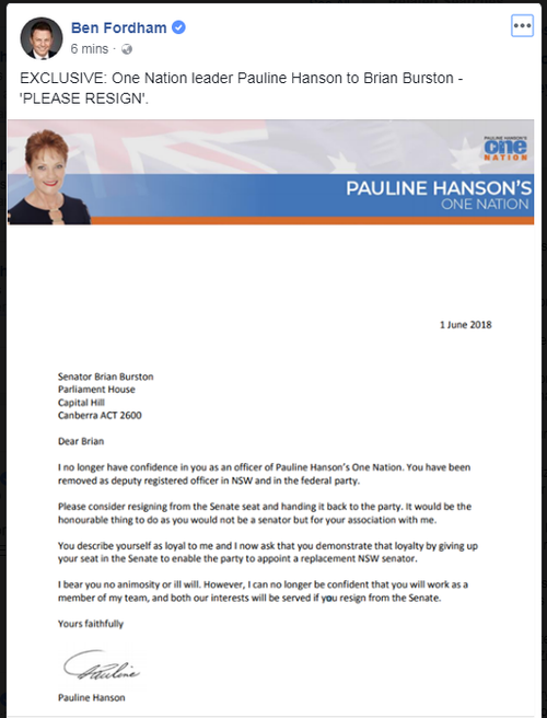 A copy of Senator Hanson's letter was obtained by radio host Ben Fordham. (Ben Fordham - Sydney Live)