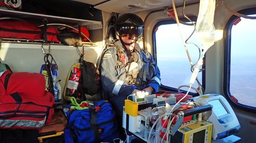 Dr Katherine Jeffrey on board a CareFlight chopper en route to a job.