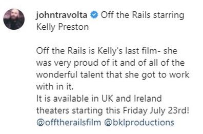 John Travolta honours late wife Kelly Preston as her final film is released. 