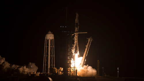 A SpaceX Falcon 9 rocket carrying the company's Crew Dragon spacecraft is launched on NASAs SpaceX Crew-4 mission to the International Space Station.