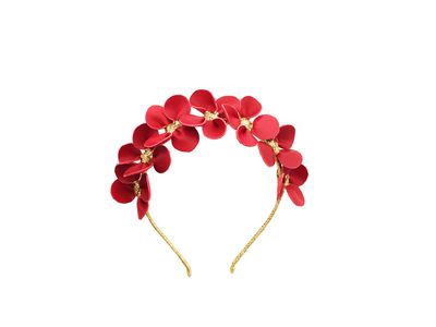 <a href="https://viktorianovak.com.au/collections/leather-headpieces/gilly-strawberry-red.html" target="_blank">Viktoria Novak</a> Gilly Strawberry Red Petal crown, $660.