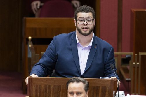 Senator Jordon Steele-John in the Senate at Parliament House in Canberra on Thursday 9 November 2023. fedpol Photo: Alex Ellinghausen