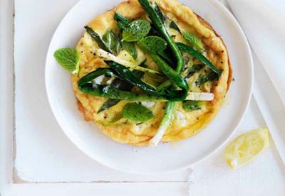 Char-grilled leek, chèvre and mint omelettes