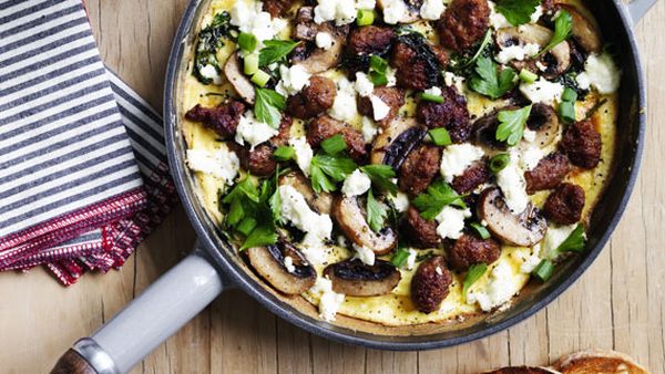 Sausage, kale, mushroom and feta omelette