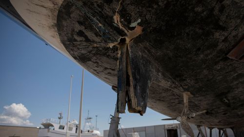 The rudder of a ship damaged by orcas while in the Strait of Gibraltar is shown in Barbate in southern Spain, on May 31. 