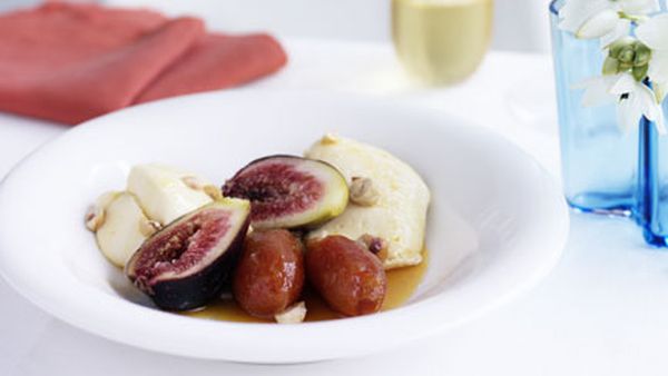 Honey mousse with roast dates, fig and hazelnuts
