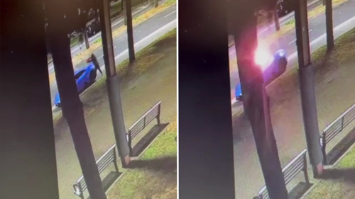 C﻿CTV has emerged showing two men dousing a Lamborghini, worth about $400,000, in petrol from a jerry can and setting it alight in Sydney Olympic Park.