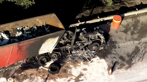 The truck's cab was heavily burned.