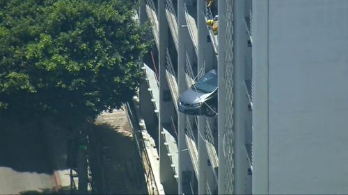 Car teeters off fourth floor of Santa Monica car park. Picture: Supplied