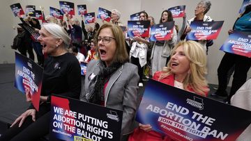 FILE - Missouri residents and pro-choice advocates react to a speaker during Missourians for Constitutionals Freedom kick-off petition drive, Feb. 6, 2024, in Kansas City, Mo.   (AP Photo/Ed Zurga, File)