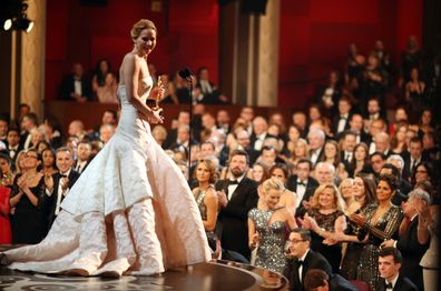 Jennifer Lawrence wins at the Oscars held at the Dolby Theatre on February 24, 2013 in Hollywood, California.