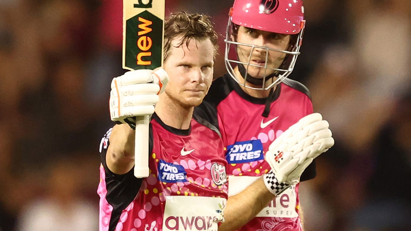 Steve Smith acknowledges the cheers for his century for Sydney Sixers against Adelaide Strikers.