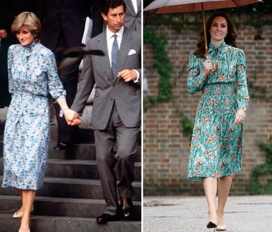 Princess Diana and Kate Middleton Duchess of Cambridge style moments - Lady Diana Spencer and Prince Charles leave St Paul's Cathedral after their wedding rehearsal, Kate at memorial for 20th anniversary of Diana's death at Kensington Palace