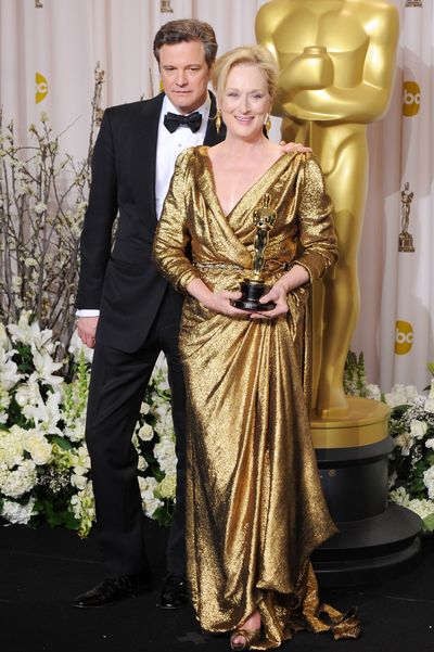 Streep with her Academy Award in 2012, wearing Lanvin.
