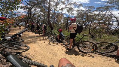 Letting other mountain bikers through on the fire trail towards Baltzer Lookout