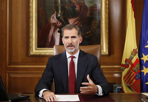 Spanish King Felipe VI giving a speech two days after the celebration of the Catalonian illegal referendum. (AAP)