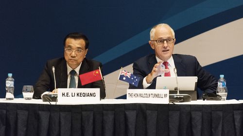 Then-Australian Prime Minister Malcolm Turnbull and the Li Keqiang meet in Sydney.